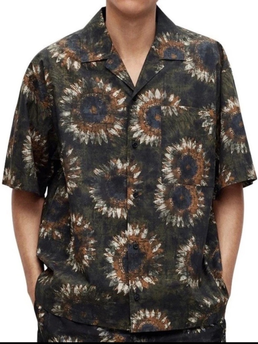 Hugo Men Size Small Green Egeeno Sunflower Short Sleeve Oversized Camp Shirt New